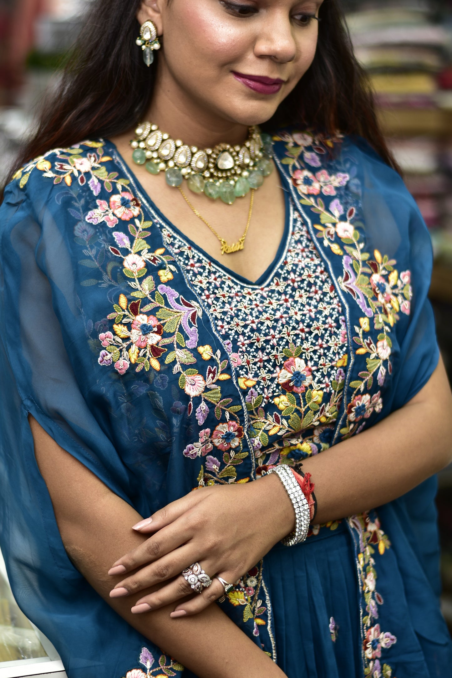 Turquoise blue lehenga with crop top & jacket