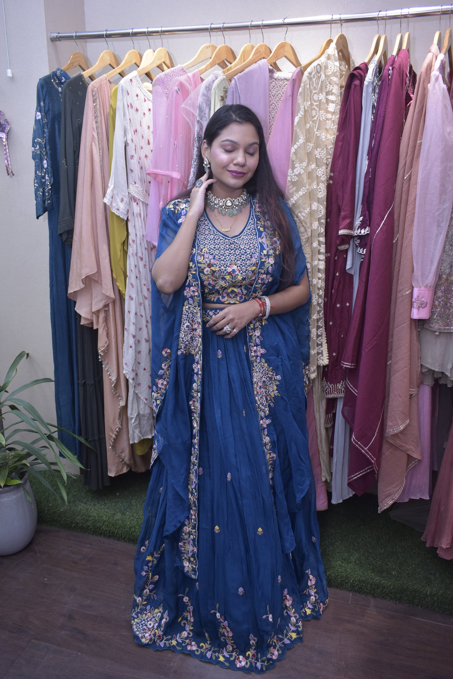 Turquoise blue lehenga with crop top & jacket