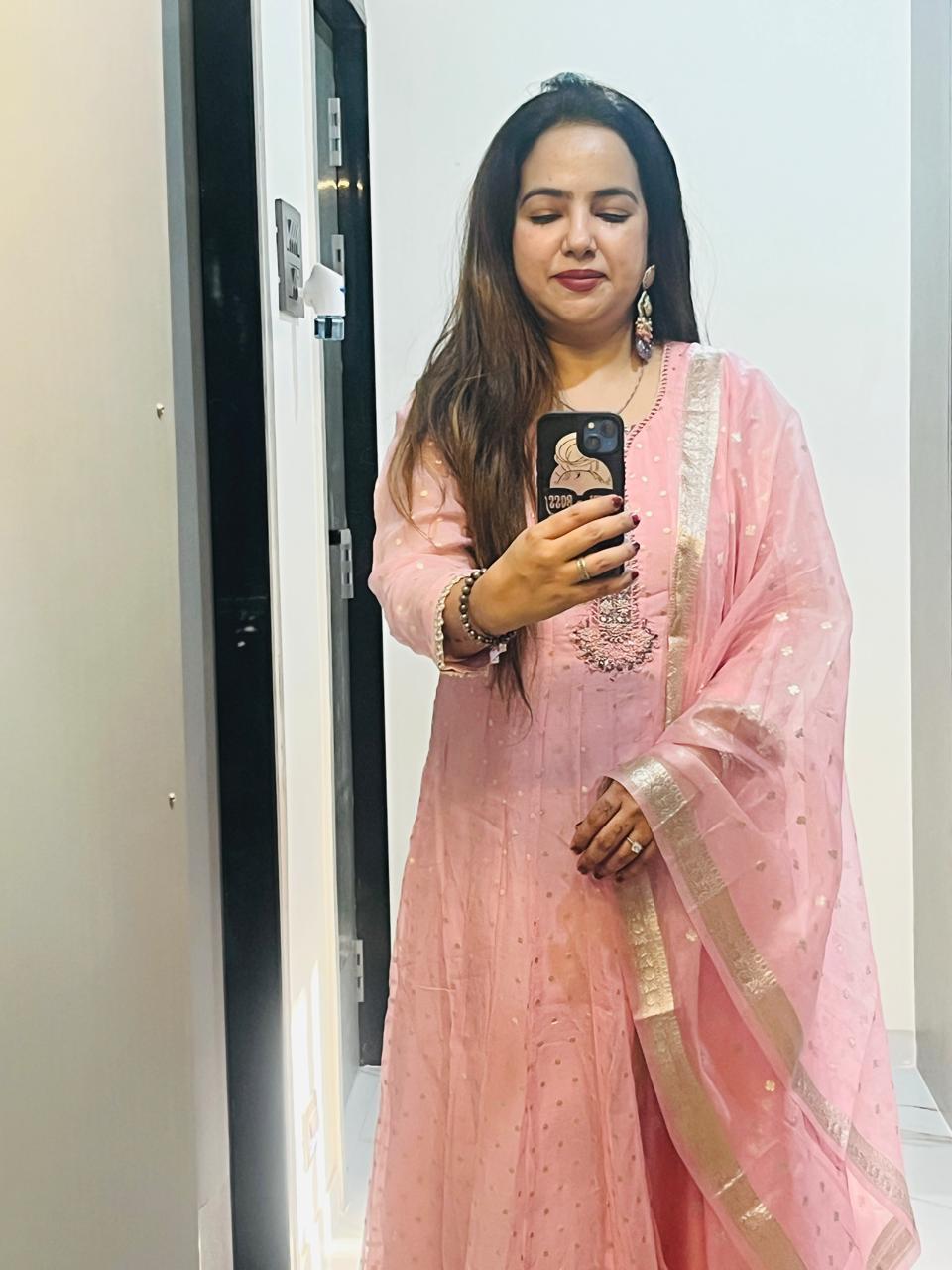 pure pink organza anarkali suit