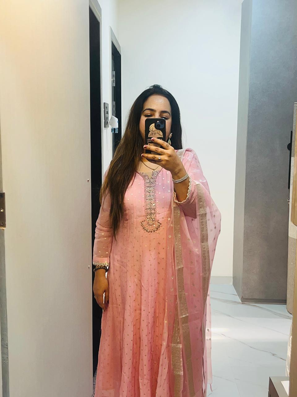 pure pink organza anarkali suit